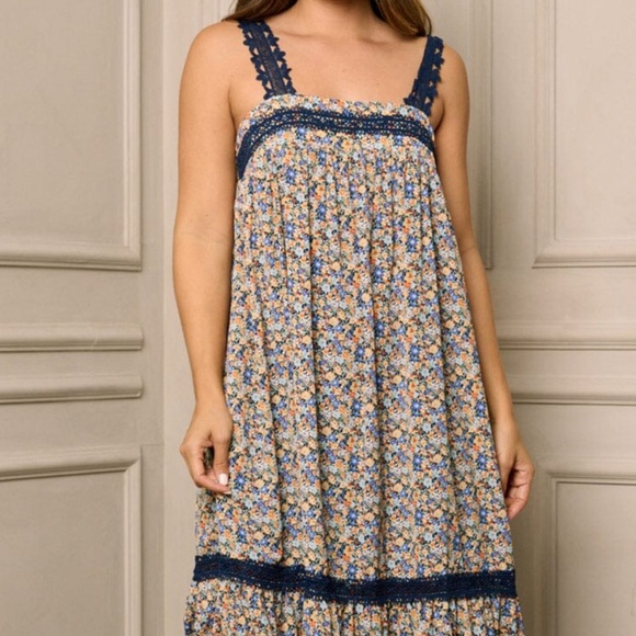 New! Coachella Hippie Navy Lace Accent Boho Maxi Tank Dress With Pockets 🪴 - Picture 3 of 5